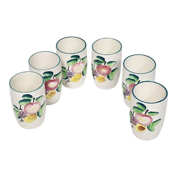 Vtg Basket Weave Pottery Cups Hand Painted Fruit Ceramic Cup Set (6) MCM Glasses - Picture 2 of 12